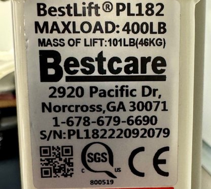 Electric Sling Lift manufacturer label with weight capacity, model number, and serial number