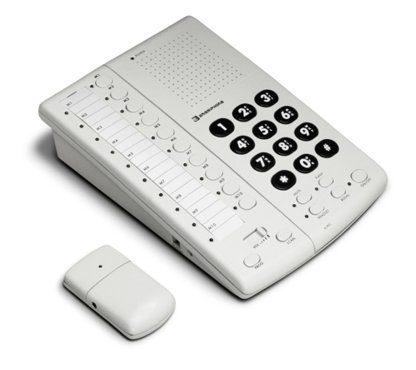 white hands free phone with remote